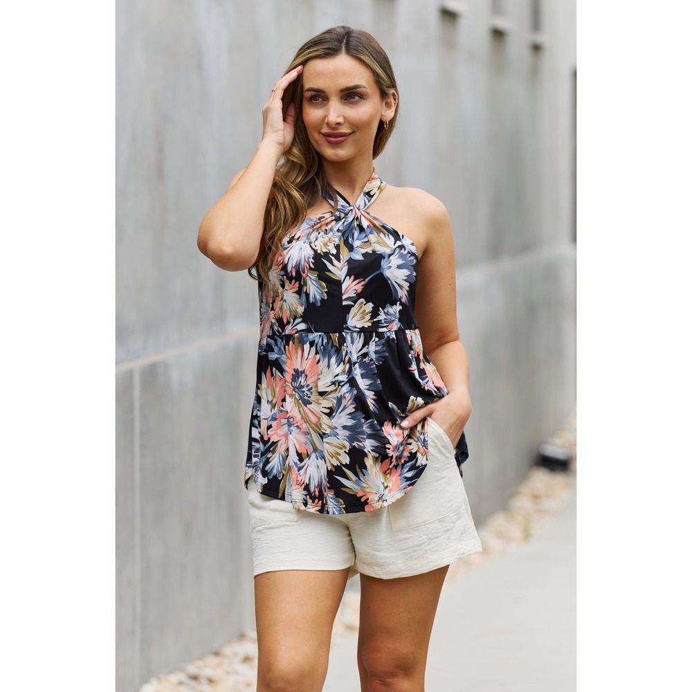 Be Stage Full Size Floral Halter Top in Black - Small